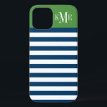 グリーンモダンネイビーストライプズカスタムモノグラム iPhone 12ケース<br><div class="desc">あなたのiphoneをドレスアップし保護て、あなたの最初のミドルネームのイニシャルとセリフフォントでシンプルは、とパタスタイリッシューンデザインを使用して。濃いネイビーブルーと白い横向きストライプのは、オリーブグリーンの色ブロックの背景と対照的である。</div>