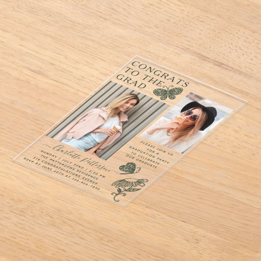 グリーンモダンバタフライ写真卒業パーティー アクリル招待状 (レイダウン)
