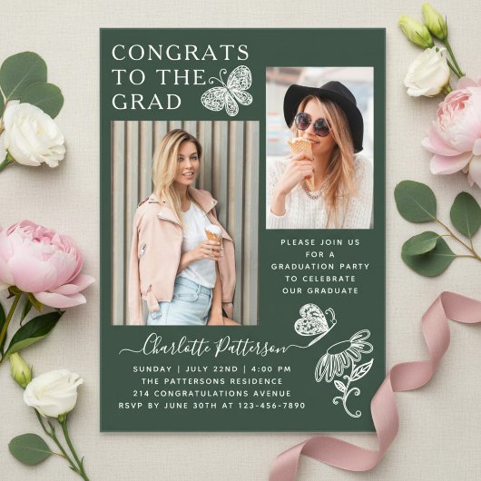グリーンモダンバタフライ写真卒業パーティー アクリル招待状