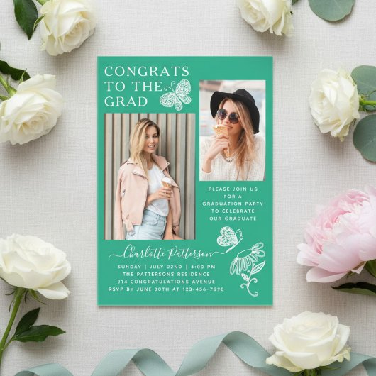グリーンモダンバタフライ写真卒業パーティー アクリル招待状