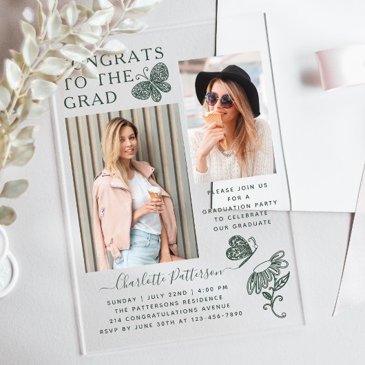 グリーンモダンバタフライ写真卒業パーティー アクリル招待状