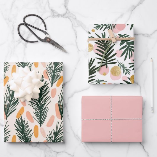 グリーンモダンピンク金ゴールドクリスマスツリーの枝 ラッピングペーパーシート (正面)