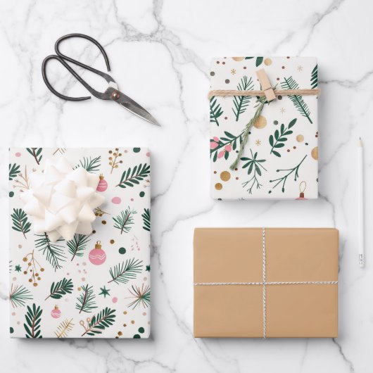 グリーンモダンピンク金ゴールドクリスマスツリーの枝 ラッピングペーパーシート (正面)