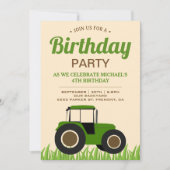 グリーンモダンファームトラクタ子供の誕生日パーティー 招待状 (正面)