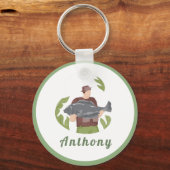 グリーンモダンフィッシャーマンイラストレーション魚釣り名 キーホルダー (正面)