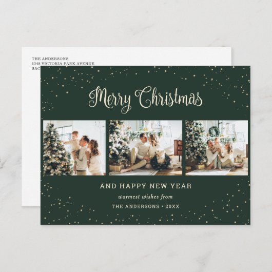 グリーンモダンフォトコラージュメリークリスマス シーズンポストカード (正面/裏面)