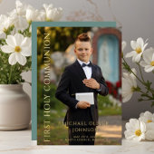 グリーンモダンフォトボーイ第1コミュニオン金ゴールド 箔招待状