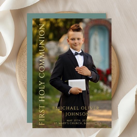 グリーンモダンフォトボーイ第1コミュニオン金ゴールド 箔招待状