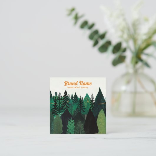 グリーンモダンフォレストイラストレーションジュエリーディスプレイ スクエア名刺 (スタンド正面)