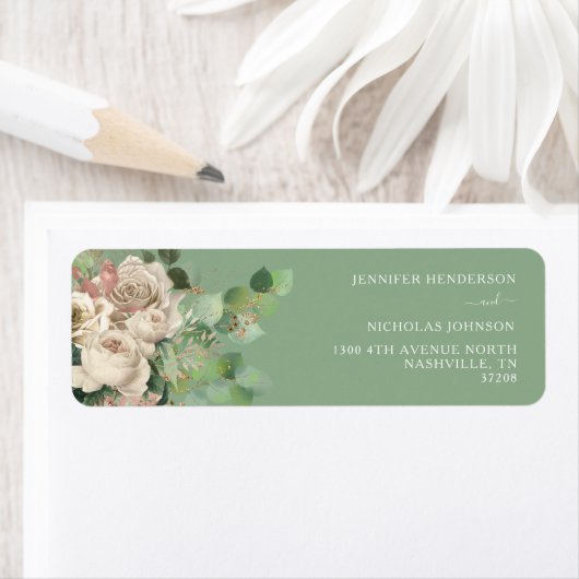 グリーンモダンフローラバラ結婚差出人住所 ラベル (インサイチュ)