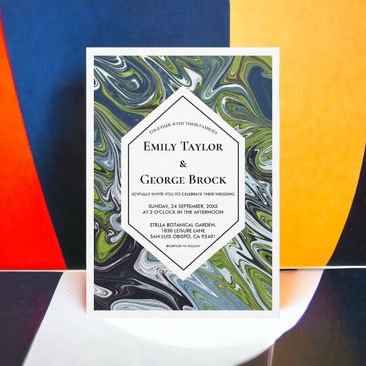 グリーンモダンブルーアーストーン抽象芸術アー結婚ト 招待状