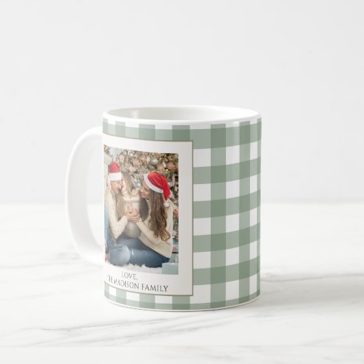 グリーンモダンプレイドホリデーファミリーフォトクリスマス コーヒーマグカップ (正面左)