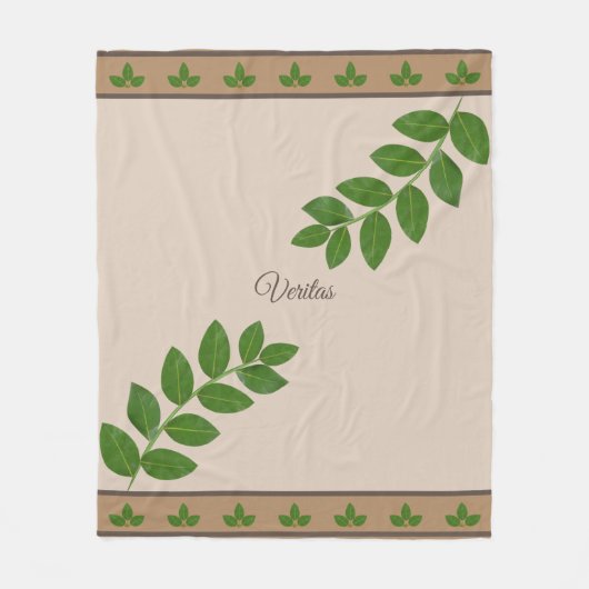 グリーンモダンベイ葉オンベージュ フリースブランケット (正面)