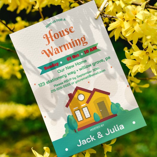 グリーンモダンホワイト引っ越し祝いパーティーパーティの招待状 招待状