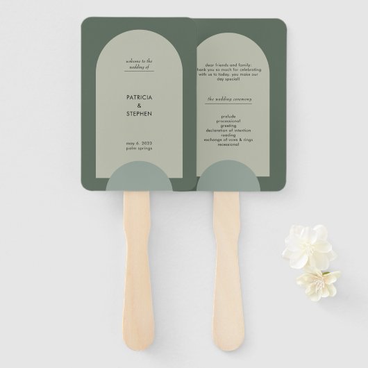 グリーンモダンボホアーチジオメトリック結婚式 プログラム ハンドファン (正面&裏面)