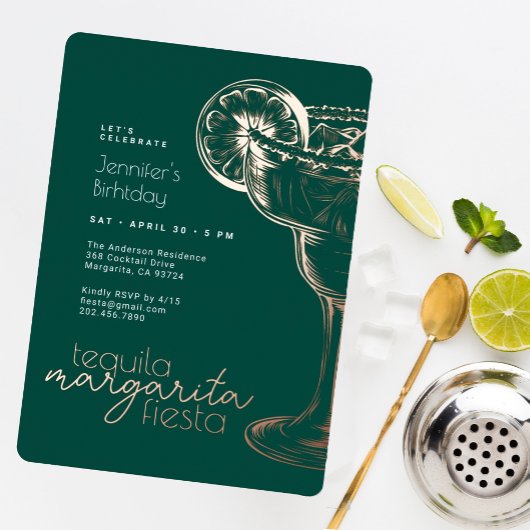 グリーンモダンマルガリタフィエスタバースデーパーティー 箔招待状