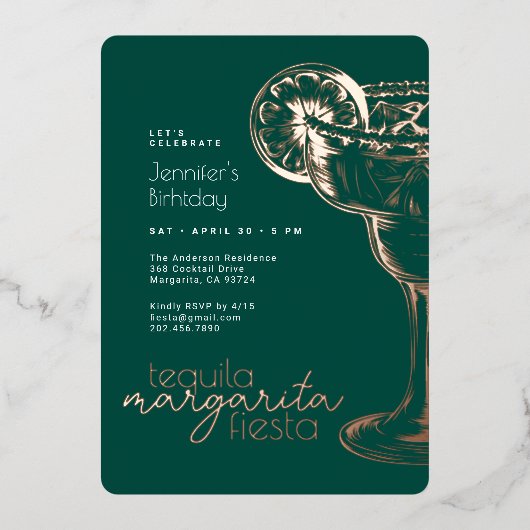 グリーンモダンマルガリタフィエスタバースデーパーティー 箔招待状 (正面)