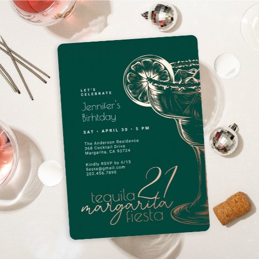 グリーンモダンマルガリタフィエスタ21歳の誕生日パーティー 箔招待状