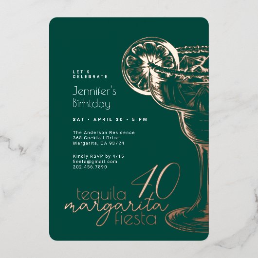 グリーンモダンマルガリタフィエスタ40th誕生日パーティー 箔招待状 (正面)