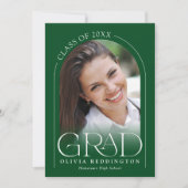 グリーンモダンミニマルアーチ写真卒業パーティー 招待状 (正面)