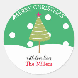 グリーンモダンメリークリスマスツリー ラウンドシール