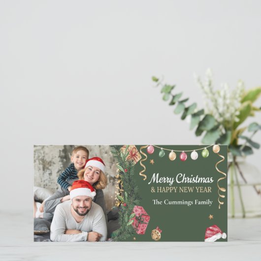 グリーンモダンメリークリスマスハッピーニューイヤー写真 シーズンカード (スタンド正面)