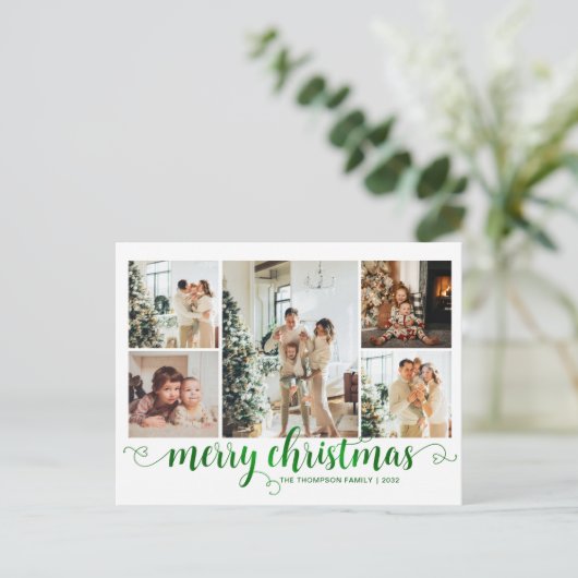 グリーンモダンメリークリスマスハートスクリプト5写真 シーズンポストカード (スタンド正面)