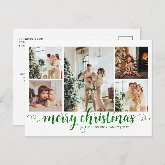 グリーンモダンメリークリスマスハートスクリプト5写真 シーズンポストカード (正面/裏面)