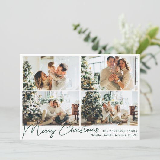 グリーンモダンメリークリスマスフォーフォトコラージュ シーズンカード (スタンド正面)