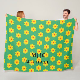 グリーンモダンモノグラムレトロフローラ フリースブランケット