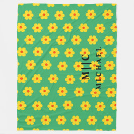 グリーンモダンモノグラムレトロフローラ フリースブランケット