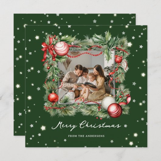 グリーンモダンリースフォトメリークリスマスカード シーズンカード (正面/裏面)
