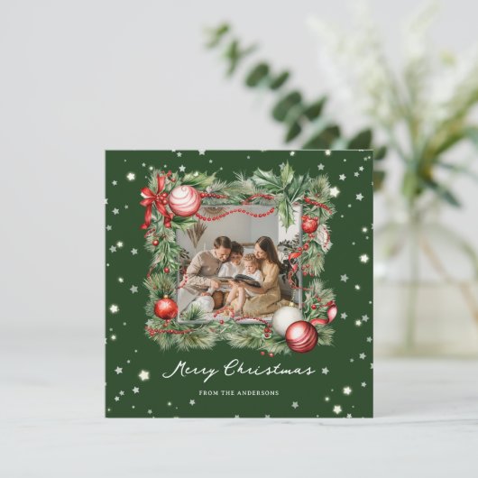 グリーンモダンリースフォトメリークリスマスカード シーズンカード (スタンド正面)