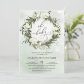グリーンモダンリースホワイトローズオーベイビーシャワー 招待状 (スタンド正面)