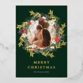 グリーンモダンリースワンフォトメリークリスマス金ゴールド 箔シーズンカード (正面)