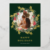 グリーンモダンリースワンフォトメリークリスマス金ゴールド 箔シーズンカード (正面)