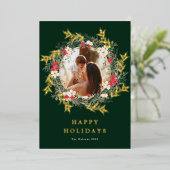 グリーンモダンリースワンフォトメリークリスマス金ゴールド 箔シーズンカード (立ち正面)