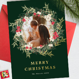 グリーンモダンリースワンフォトメリークリスマス金ゴールド 箔シーズンカード