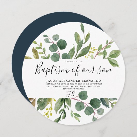 グリーンモダンリーフボーイまたはガールバプテスマ《キリスト教》洗礼式や命名式 招待状 (正面/裏面)