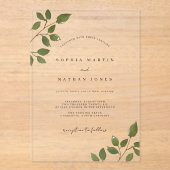 グリーンモダンリーフ澄んミニマ結婚リスト アクリル招待状 (正面)