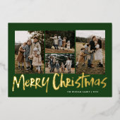 グリーンモダンレタリングファイブフォトメリークリスマス 箔シーズンカード (正面)