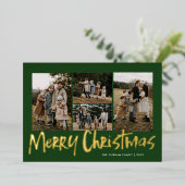 グリーンモダンレタリングファイブフォトメリークリスマス 箔シーズンカード (立ち正面)