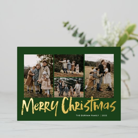 グリーンモダンレタリングファイブフォトメリークリスマス 箔シーズンカード (立ち正面)