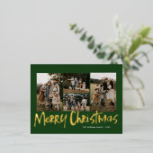 グリーンモダンレタリングファイブフォトメリークリスマス 箔シーズンポストカード (立ち正面)