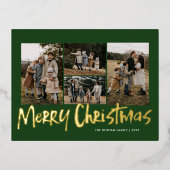 グリーンモダンレタリングファイブフォトメリークリスマス 箔シーズンポストカード (正面)