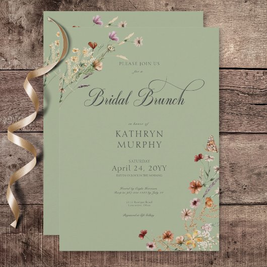 グリーンモダンワイルドフラワーブーケブライダルブランチ 招待状