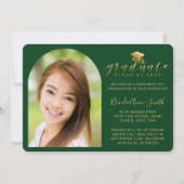 グリーンモダン卒業時のフォト金ゴールドキャップスクリプト 案内状 (正面)