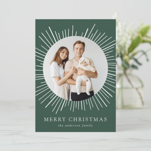 グリーンモダン日が差すことメリークリスマス2写真 シーズンカード (スタンド正面)