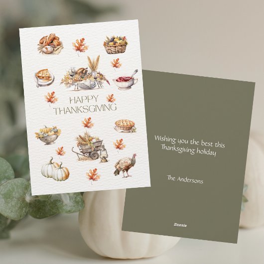 グリーンモダン秋ウォーターカラーハッピーサンクスギビング シーズンカード