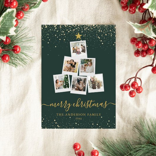 グリーンモダン金ゴールドクリスマスツリー写真コラージュ シーズンカード